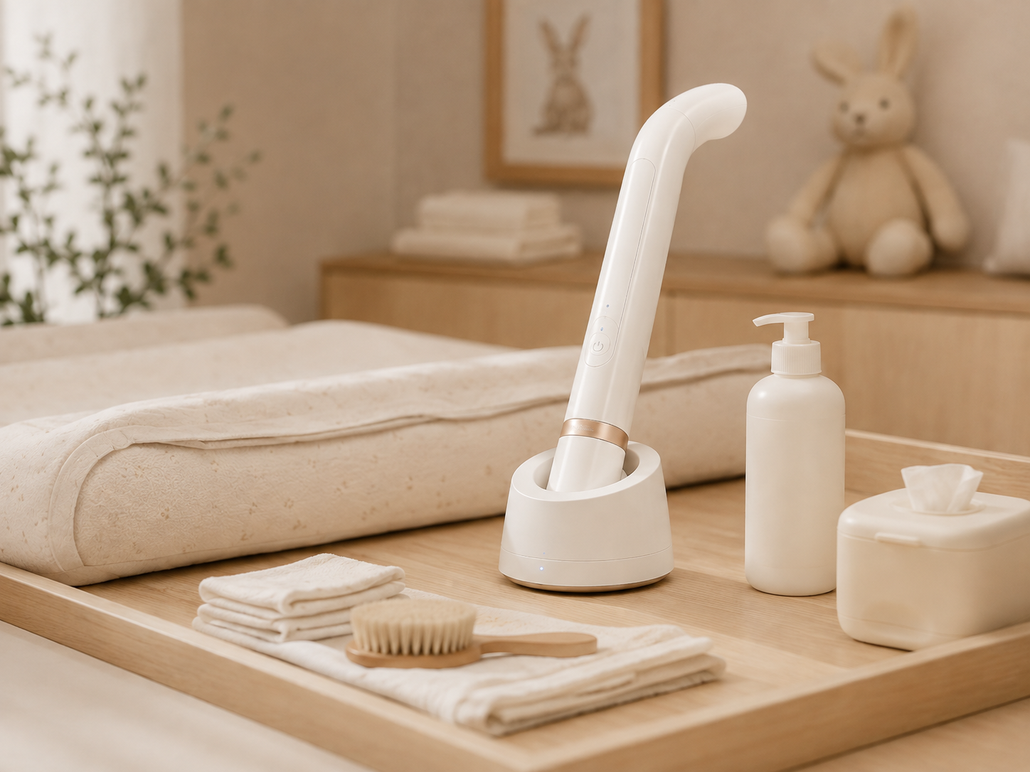 VELLA docked on a changing table beside baby-care items.