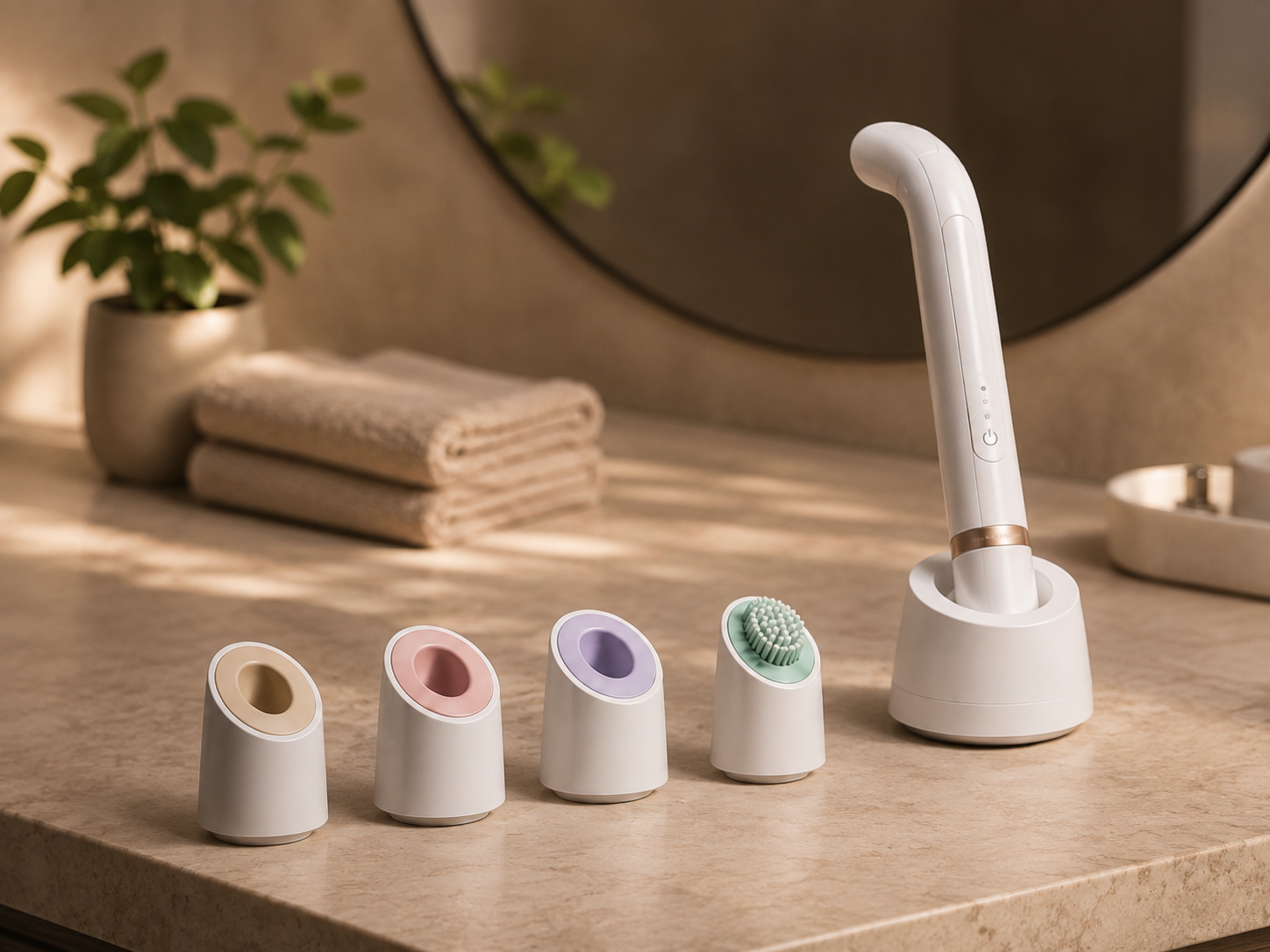 The VELLA device docked beside its four colour-coded hygiene heads.